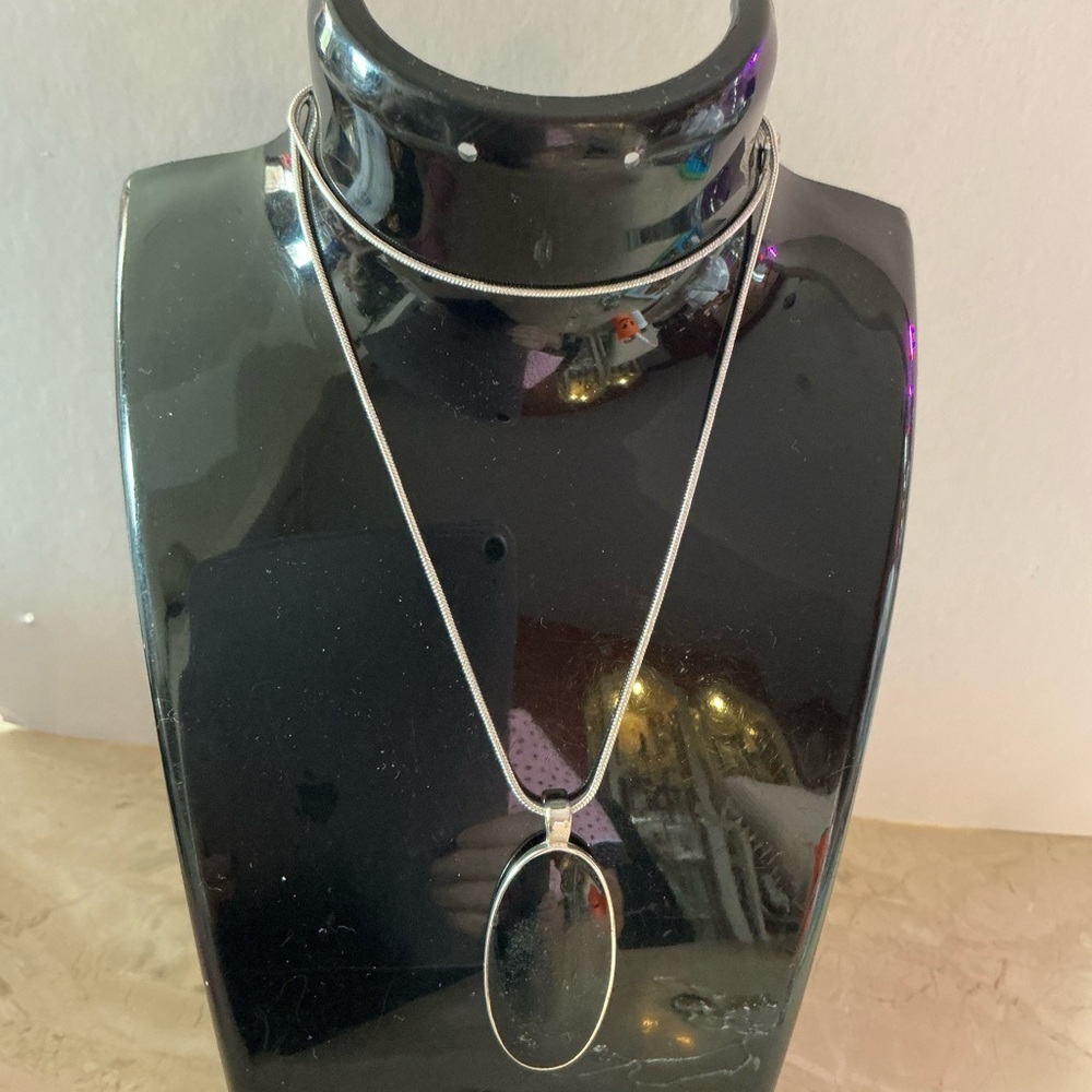 Vintage Silver Onyx Oval Pendant Necklace
